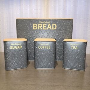 Haus Roland Bread Box + 3 Canister Set Gray Metal Bamboo Lids Kitchen Storage